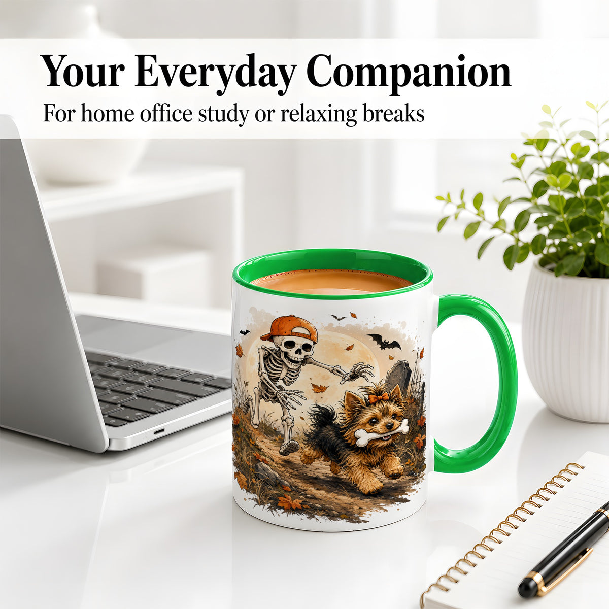 #pl[11oz|Green] Graveyard Skeleton Yorkie Ceramic Mug, Halloween Art for Dog Lovers