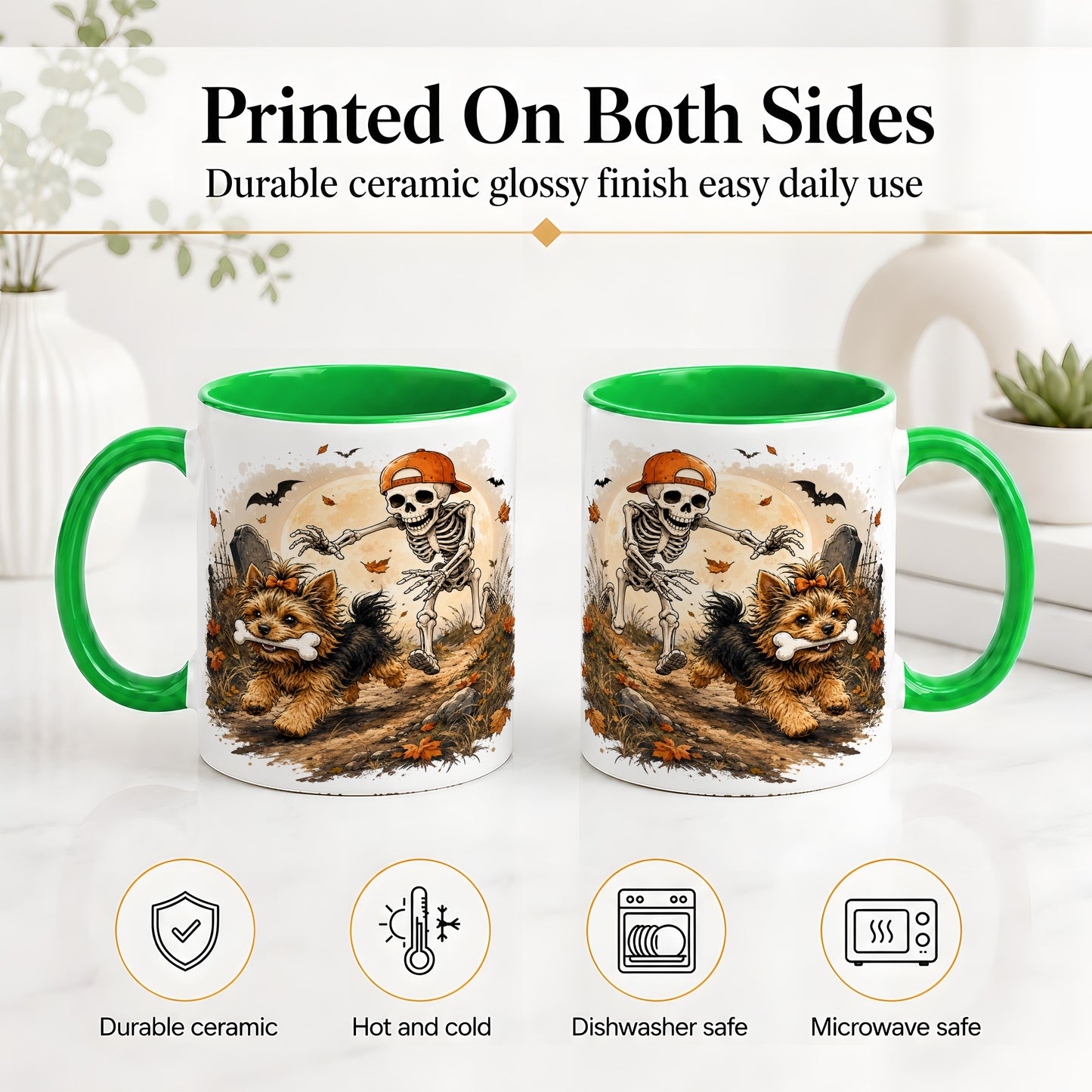 #pl[11oz|Green] Graveyard Skeleton Yorkie Ceramic Mug, Halloween Art for Dog Lovers