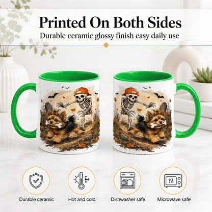 #pl[11oz|Green] Graveyard Skeleton Yorkie Ceramic Mug, Halloween Art for Dog Lovers