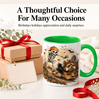 #pl[11oz|Green] Graveyard Skeleton Yorkie Ceramic Mug, Halloween Art for Dog Lovers