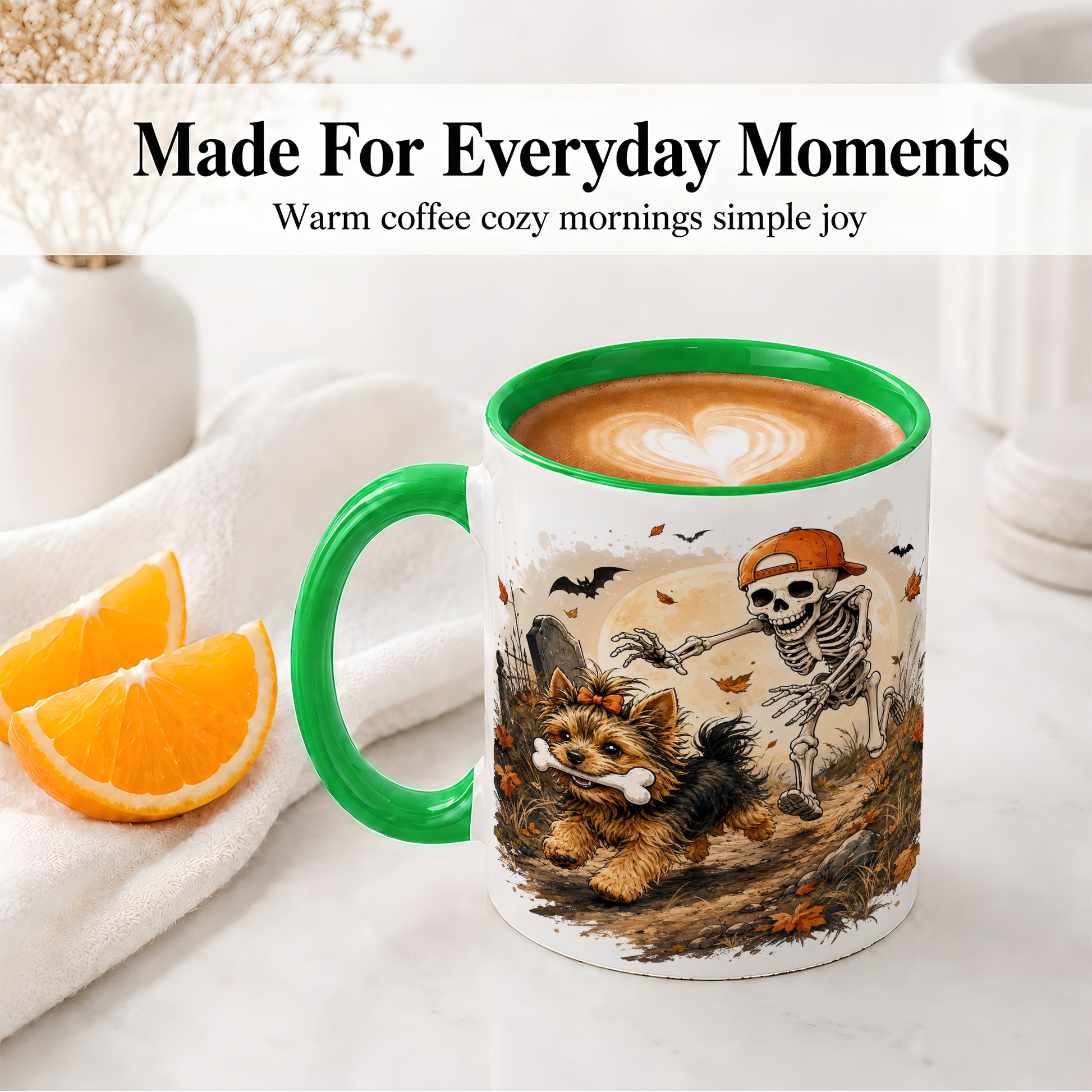 #pl[11oz|Green] Graveyard Skeleton Yorkie Ceramic Mug, Halloween Art for Dog Lovers