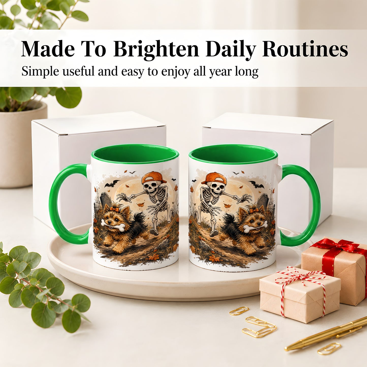 #pl[11oz|Green] Graveyard Skeleton Yorkie Ceramic Mug, Halloween Art for Dog Lovers