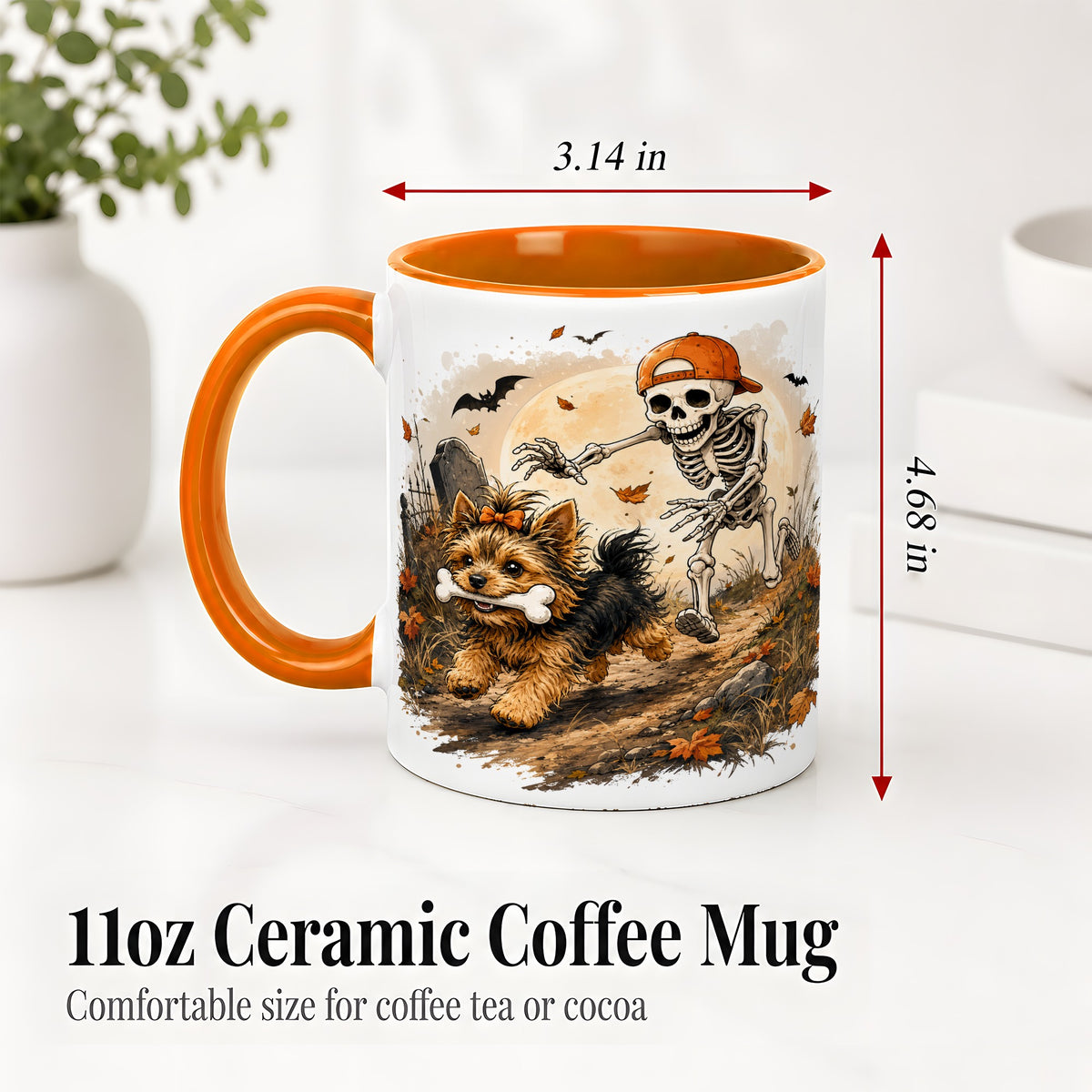 #pl[11oz|Orange] Graveyard Skeleton Yorkie Ceramic Mug, Halloween Art for Dog Lovers