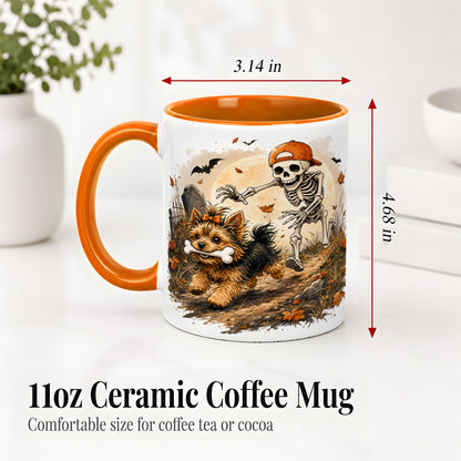 #pl[11oz|Orange] Graveyard Skeleton Yorkie Ceramic Mug, Halloween Art for Dog Lovers