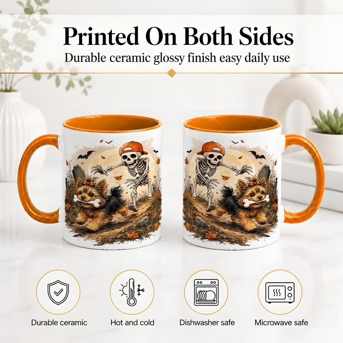 #pl[11oz|Orange] Graveyard Skeleton Yorkie Ceramic Mug, Halloween Art for Dog Lovers