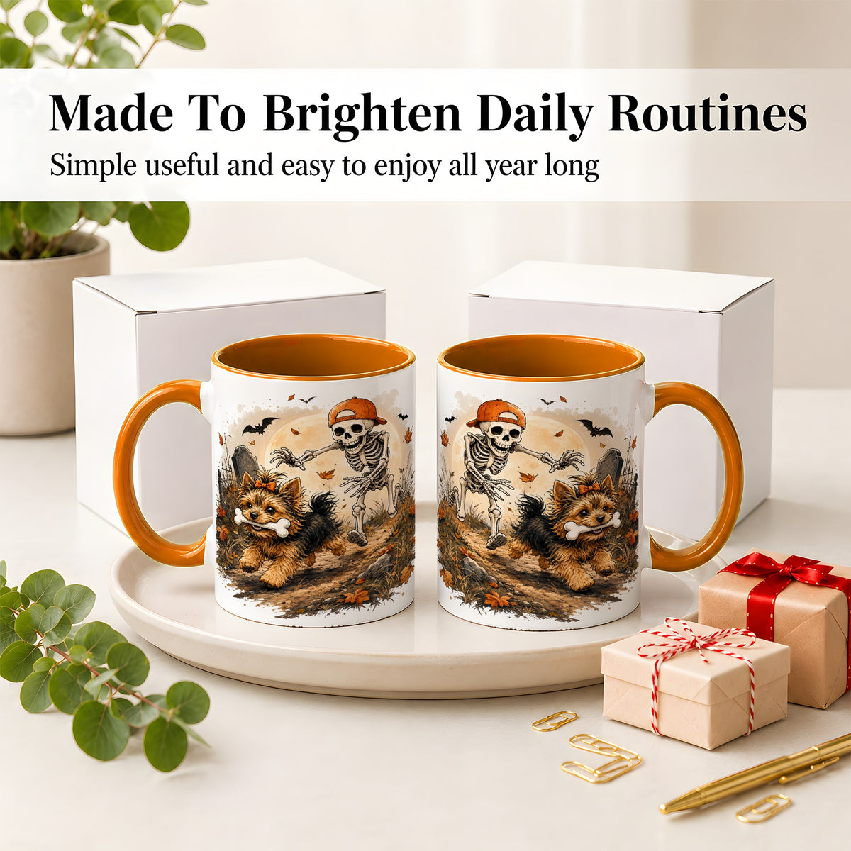 #pl[11oz|Orange] Graveyard Skeleton Yorkie Ceramic Mug, Halloween Art for Dog Lovers