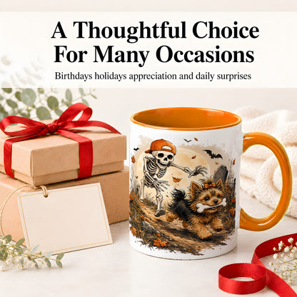 #pl[11oz|Orange] Graveyard Skeleton Yorkie Ceramic Mug, Halloween Art for Dog Lovers