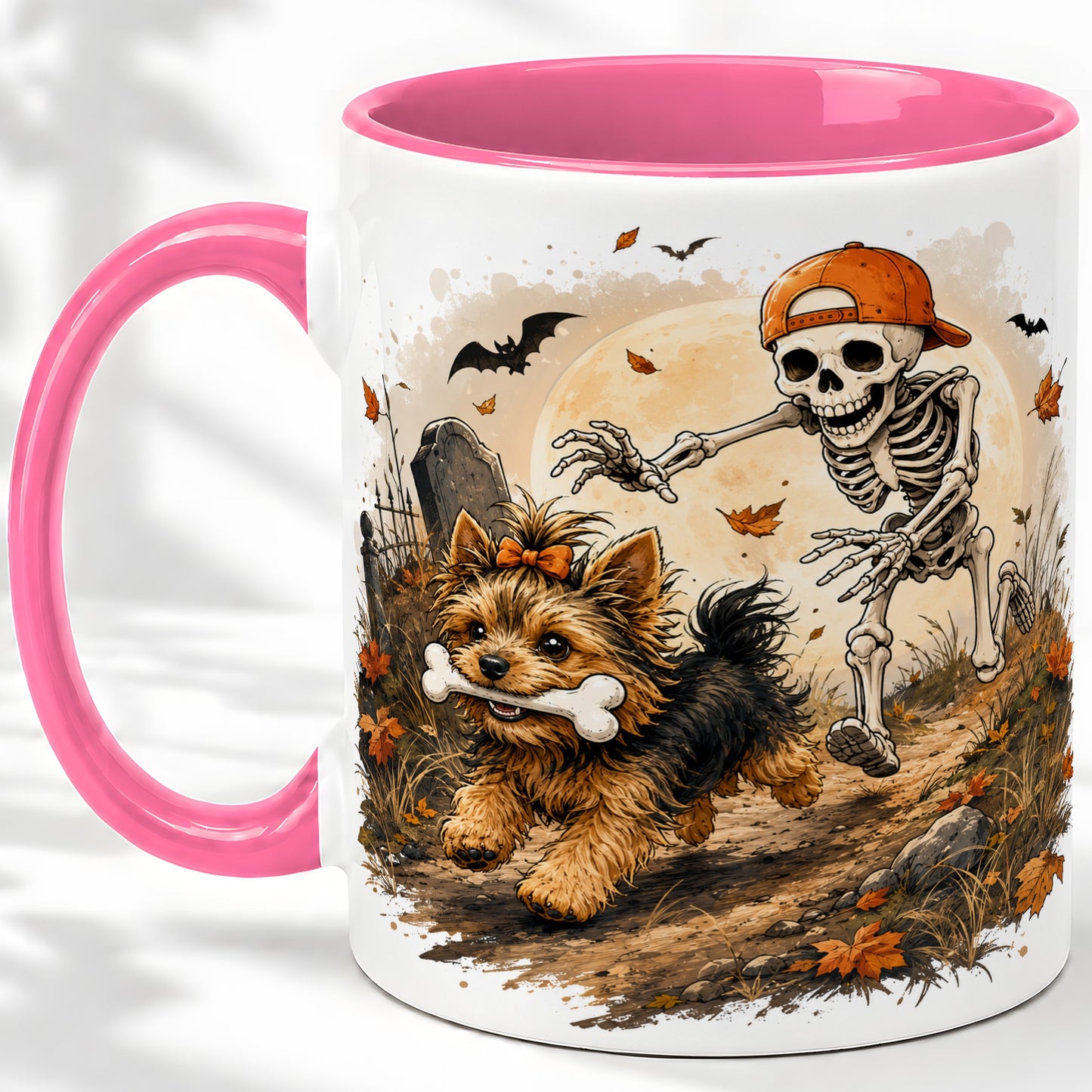 #pl[11oz|Pink] Graveyard Skeleton Yorkie Ceramic Mug, Halloween Art for Dog Lovers
