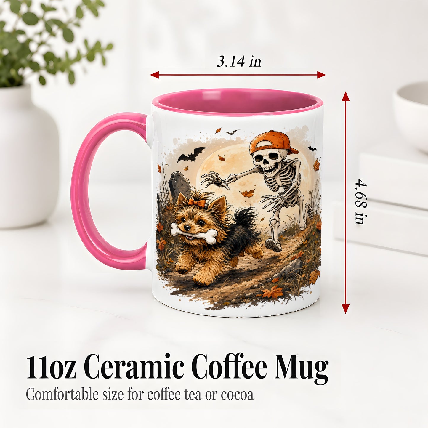 #pl[11oz|Pink] Graveyard Skeleton Yorkie Ceramic Mug, Halloween Art for Dog Lovers