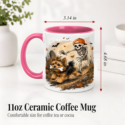 #pl[11oz|Pink] Graveyard Skeleton Yorkie Ceramic Mug, Halloween Art for Dog Lovers