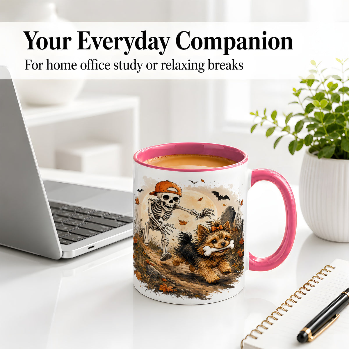 #pl[11oz|Pink] Graveyard Skeleton Yorkie Ceramic Mug, Halloween Art for Dog Lovers