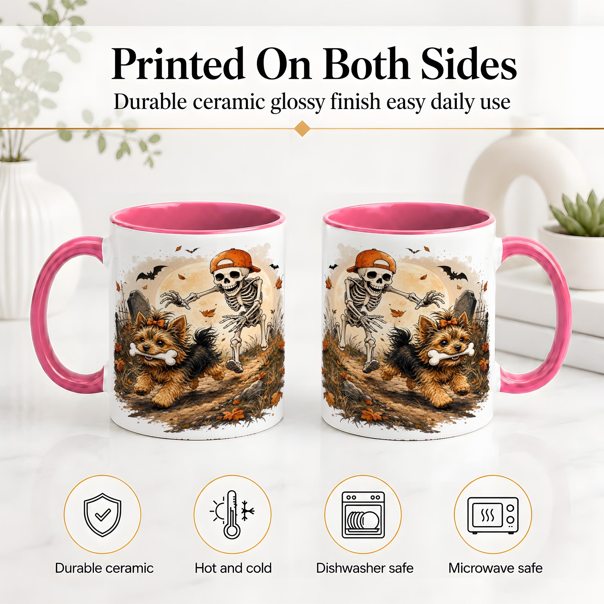 #pl[11oz|Pink] Graveyard Skeleton Yorkie Ceramic Mug, Halloween Art for Dog Lovers