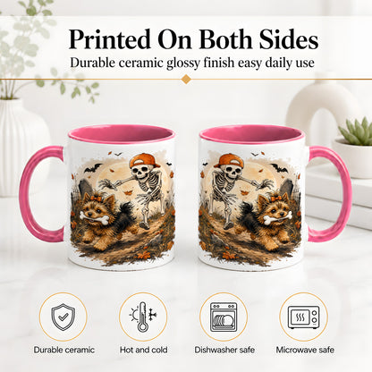 #pl[11oz|Pink] Graveyard Skeleton Yorkie Ceramic Mug, Halloween Art for Dog Lovers