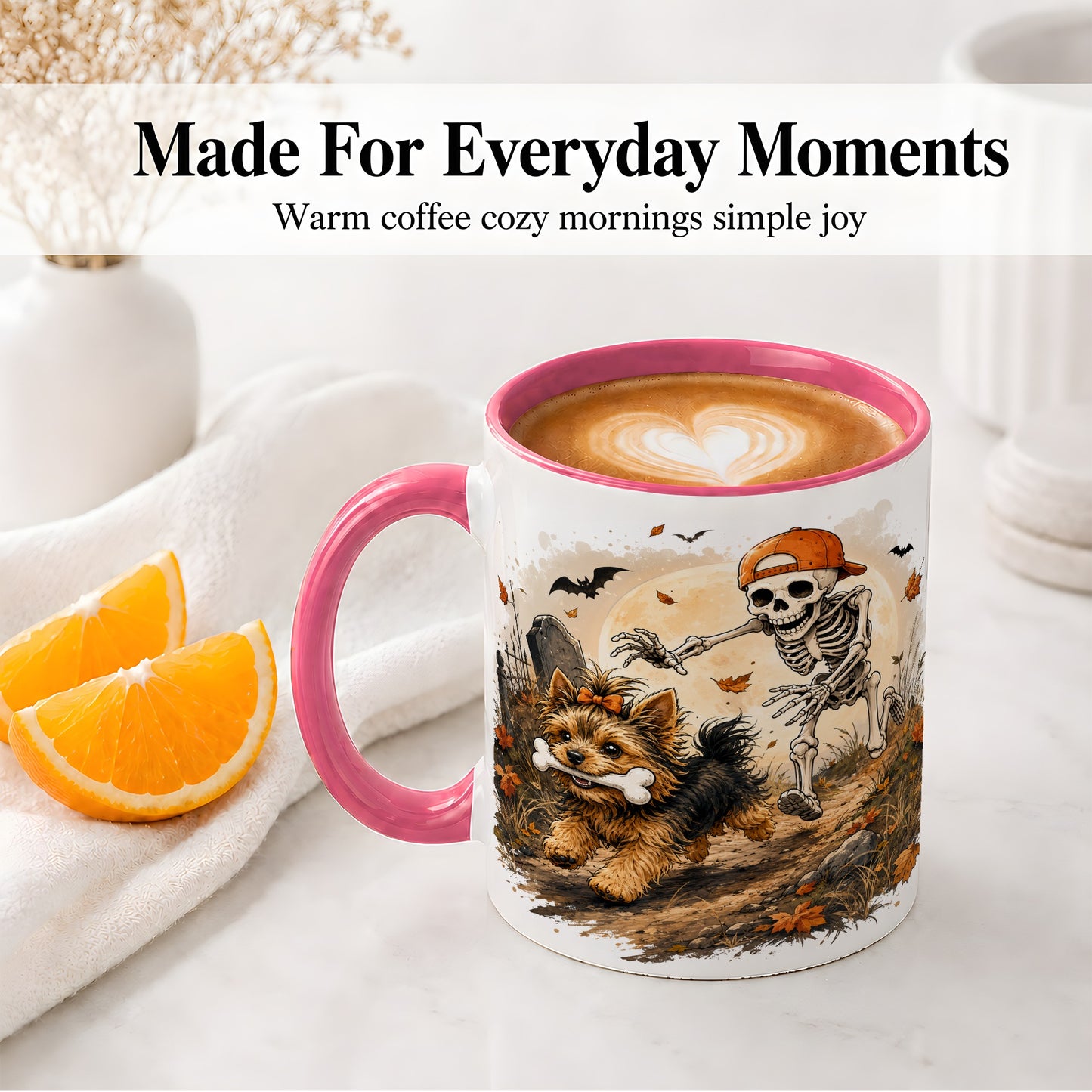#pl[11oz|Pink] Graveyard Skeleton Yorkie Ceramic Mug, Halloween Art for Dog Lovers