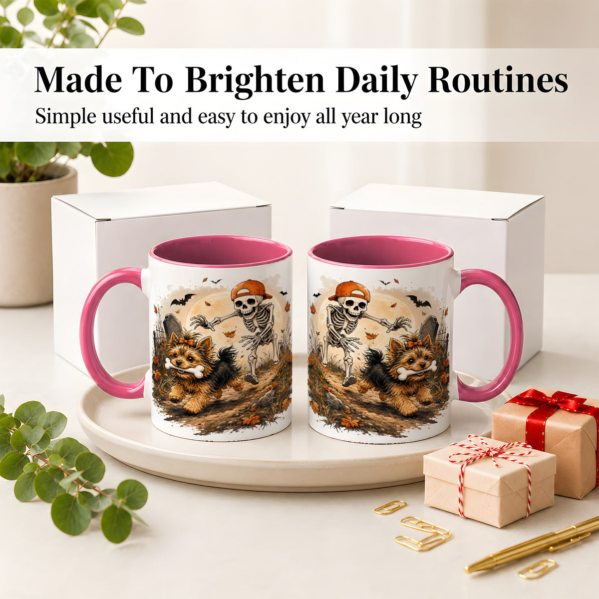 #pl[11oz|Pink] Graveyard Skeleton Yorkie Ceramic Mug, Halloween Art for Dog Lovers