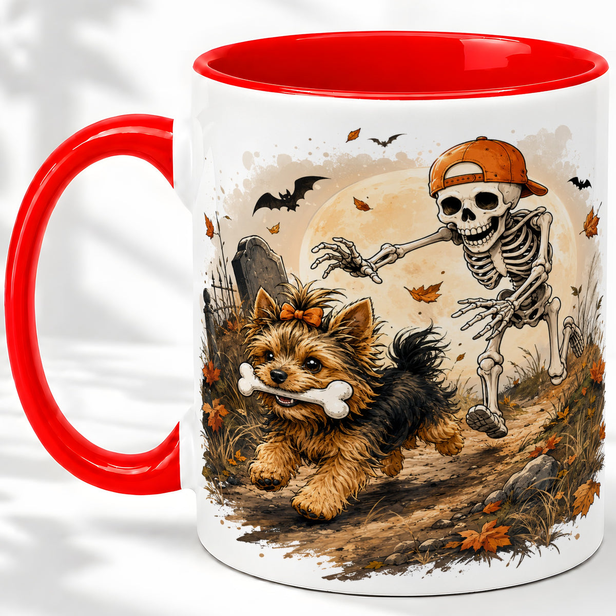 Graveyard Skeleton Yorkie Ceramic Mug, Halloween Art for Dog Lovers