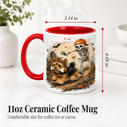 #pl[11oz|Red] Graveyard Skeleton Yorkie Ceramic Mug, Halloween Art for Dog Lovers