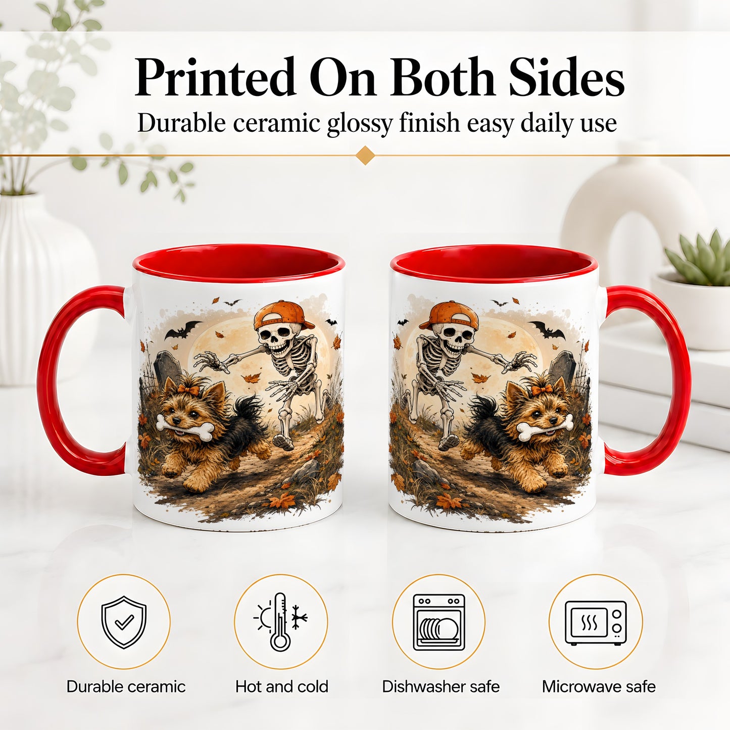 #pl[11oz|Red] Graveyard Skeleton Yorkie Ceramic Mug, Halloween Art for Dog Lovers