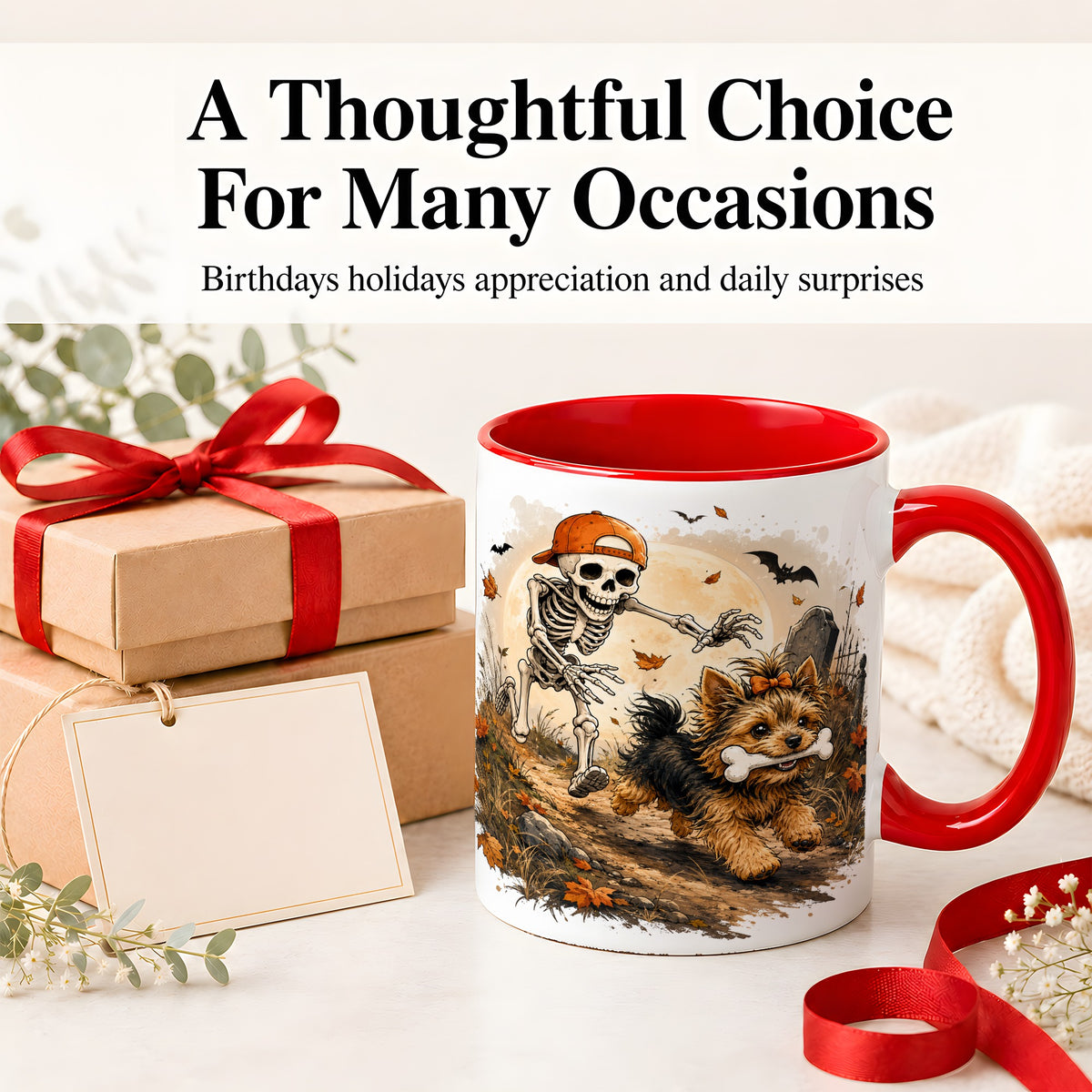 #pl[11oz|Red] Graveyard Skeleton Yorkie Ceramic Mug, Halloween Art for Dog Lovers