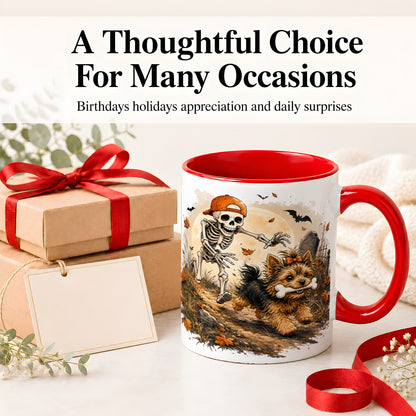 #pl[11oz|Red] Graveyard Skeleton Yorkie Ceramic Mug, Halloween Art for Dog Lovers