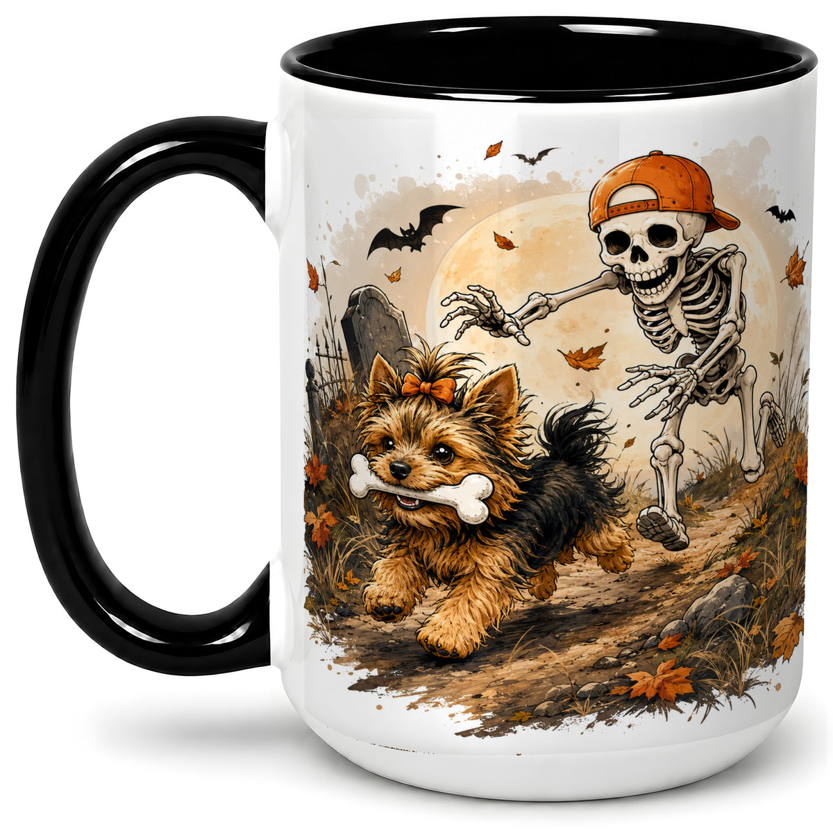 #pl[15oz|Black] Graveyard Skeleton Yorkie Ceramic Mug, Halloween Art for Dog Lovers