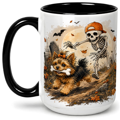 #pl[15oz|Black] Graveyard Skeleton Yorkie Ceramic Mug, Halloween Art for Dog Lovers