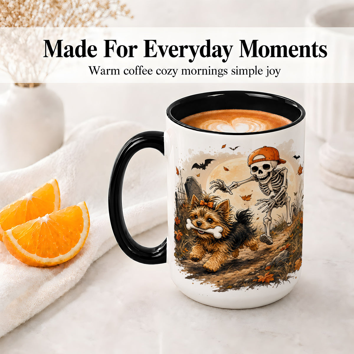 #pl[15oz|Black] Graveyard Skeleton Yorkie Ceramic Mug, Halloween Art for Dog Lovers