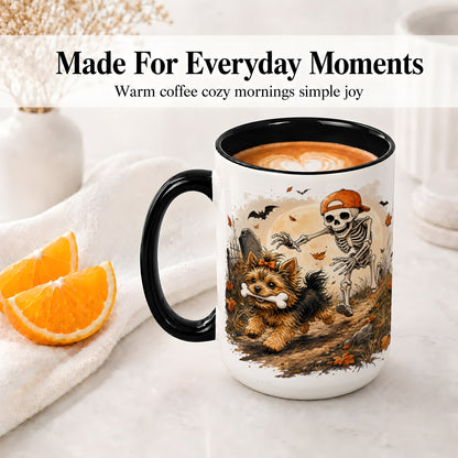 #pl[15oz|Black] Graveyard Skeleton Yorkie Ceramic Mug, Halloween Art for Dog Lovers