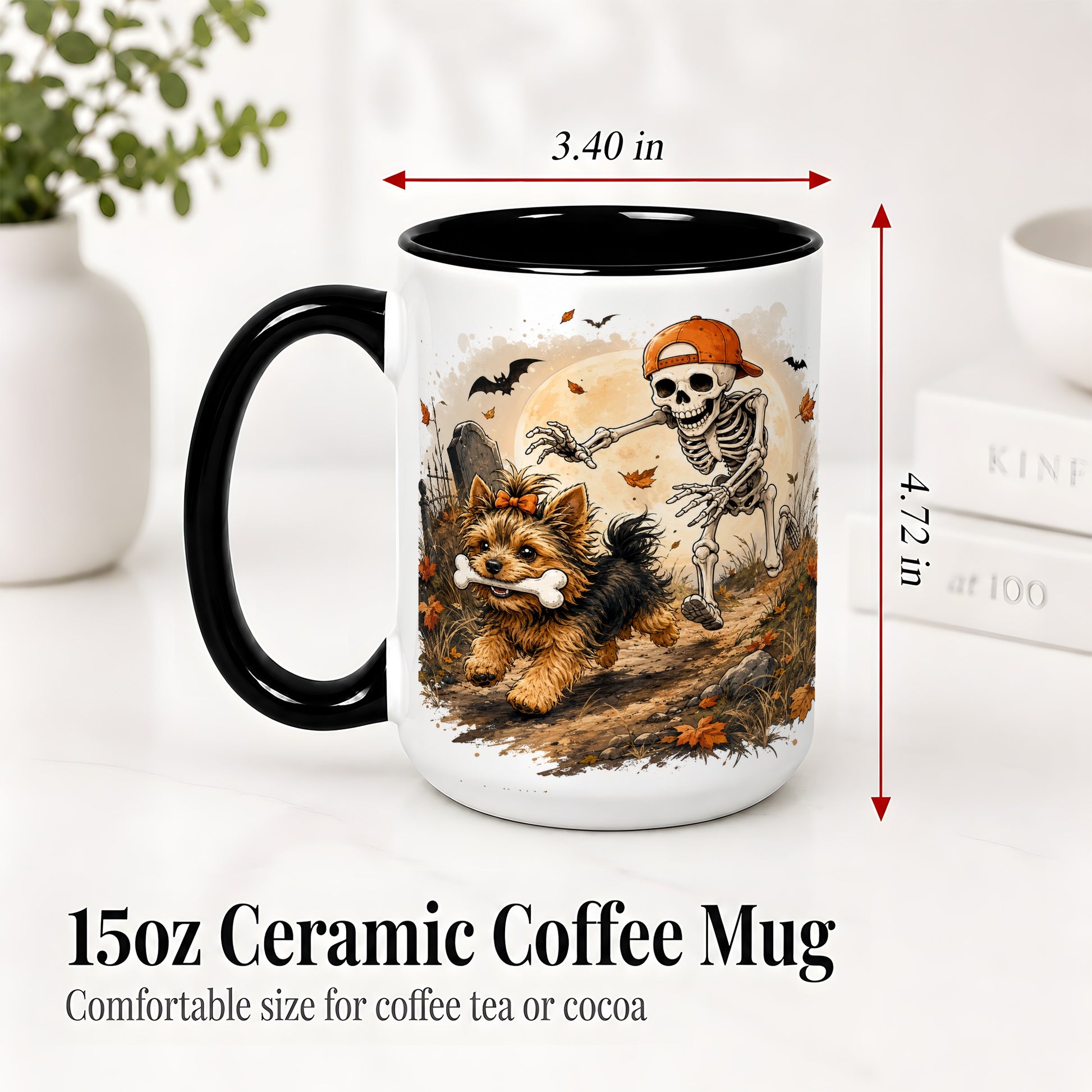 #pl[15oz|Black] Graveyard Skeleton Yorkie Ceramic Mug, Halloween Art for Dog Lovers