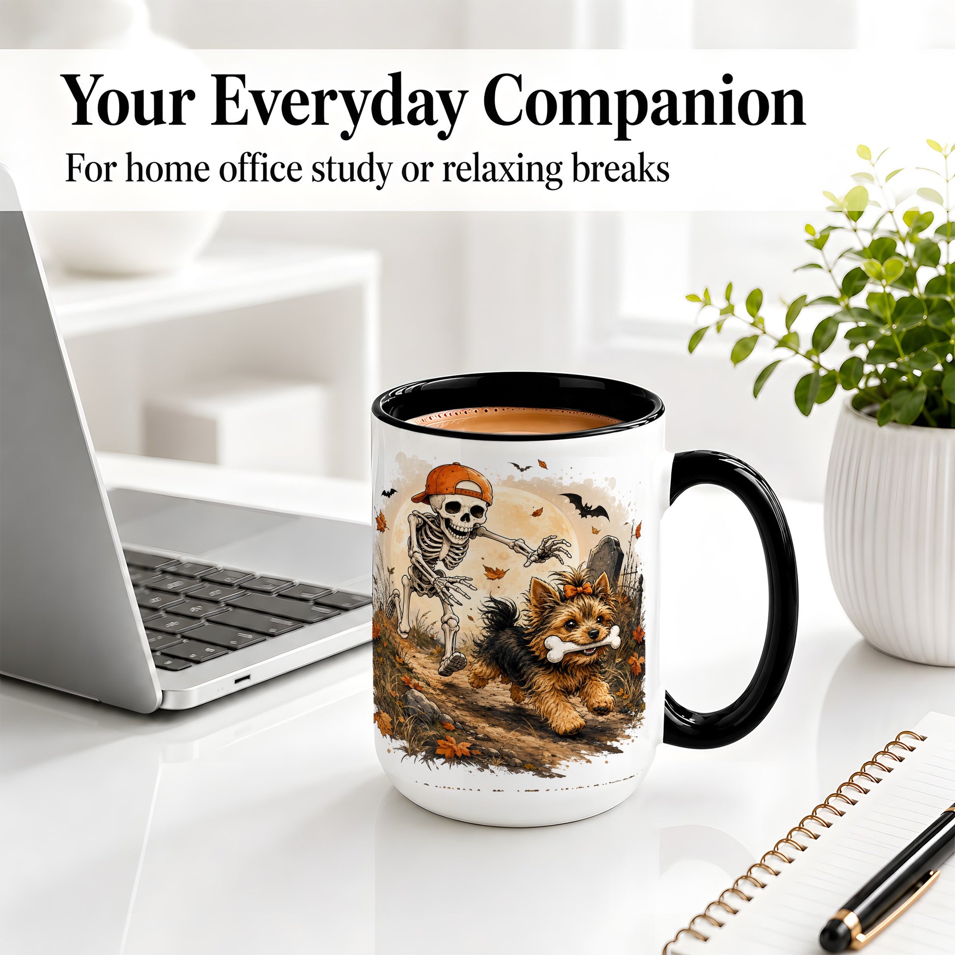 #pl[15oz|Black] Graveyard Skeleton Yorkie Ceramic Mug, Halloween Art for Dog Lovers