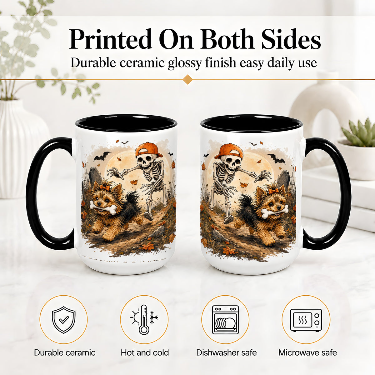 #pl[15oz|Black] Graveyard Skeleton Yorkie Ceramic Mug, Halloween Art for Dog Lovers