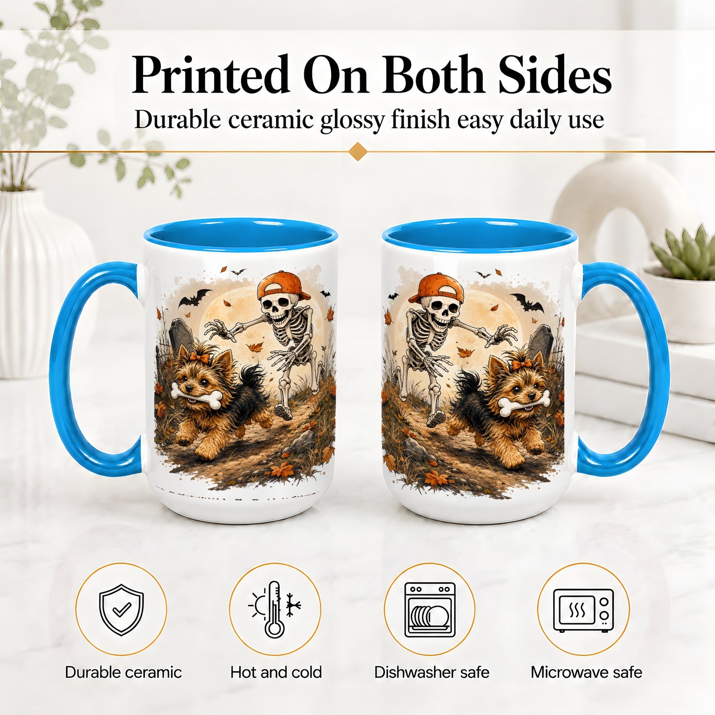 #pl[15oz|Blue] Graveyard Skeleton Yorkie Ceramic Mug, Halloween Art for Dog Lovers