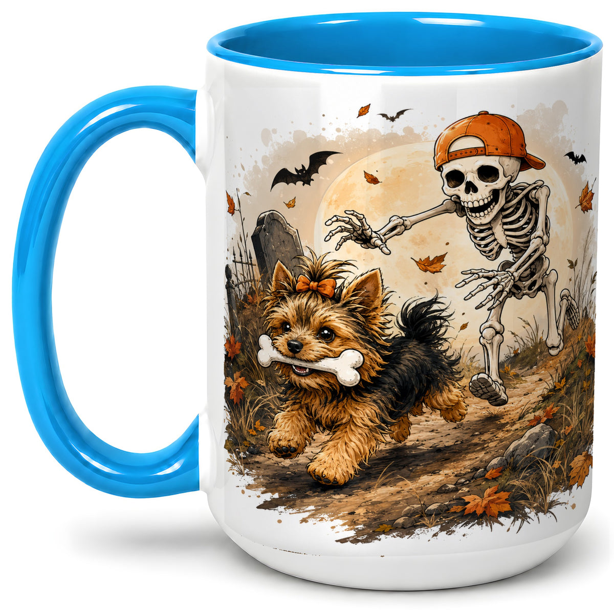 #pl[15oz|Blue] Graveyard Skeleton Yorkie Ceramic Mug, Halloween Art for Dog Lovers