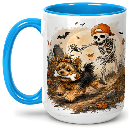 #pl[15oz|Blue] Graveyard Skeleton Yorkie Ceramic Mug, Halloween Art for Dog Lovers