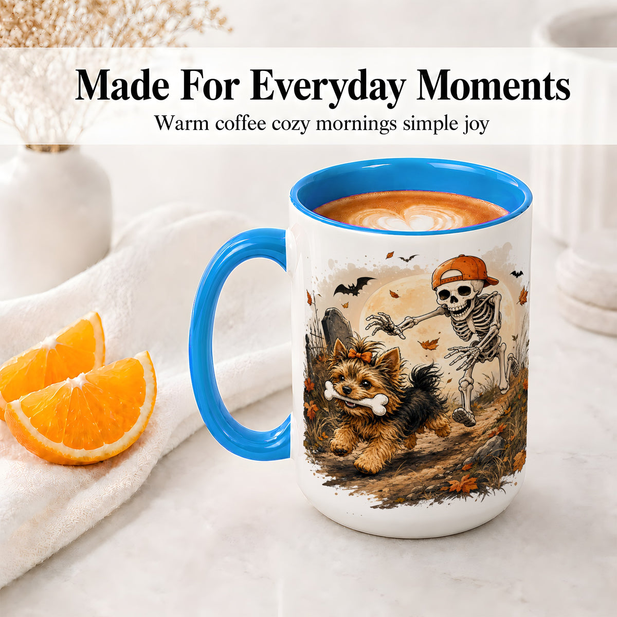 #pl[15oz|Blue] Graveyard Skeleton Yorkie Ceramic Mug, Halloween Art for Dog Lovers