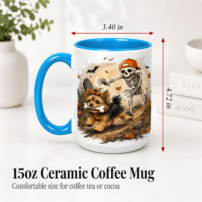 #pl[15oz|Blue] Graveyard Skeleton Yorkie Ceramic Mug, Halloween Art for Dog Lovers
