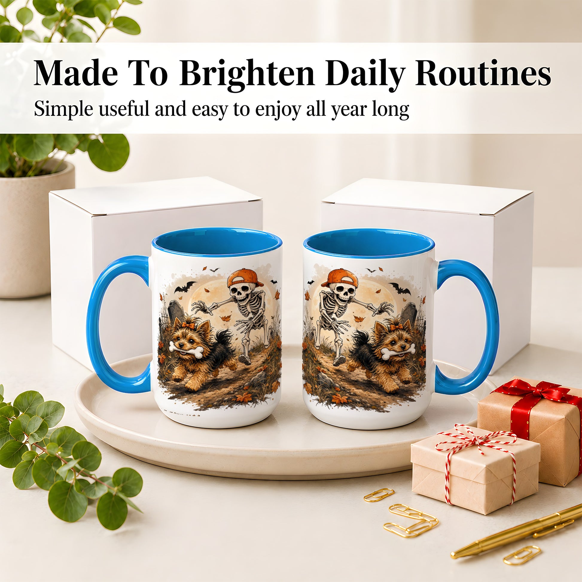#pl[15oz|Blue] Graveyard Skeleton Yorkie Ceramic Mug, Halloween Art for Dog Lovers