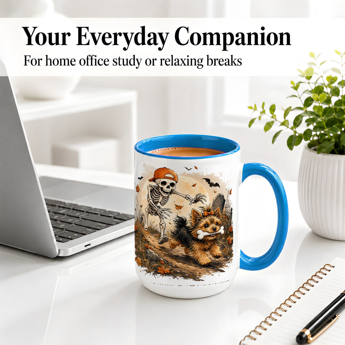 #pl[15oz|Blue] Graveyard Skeleton Yorkie Ceramic Mug, Halloween Art for Dog Lovers