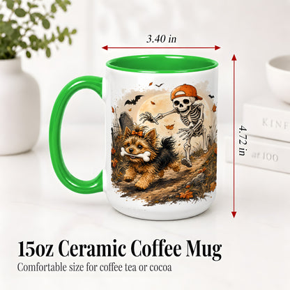 #pl[15oz|Green] Graveyard Skeleton Yorkie Ceramic Mug, Halloween Art for Dog Lovers