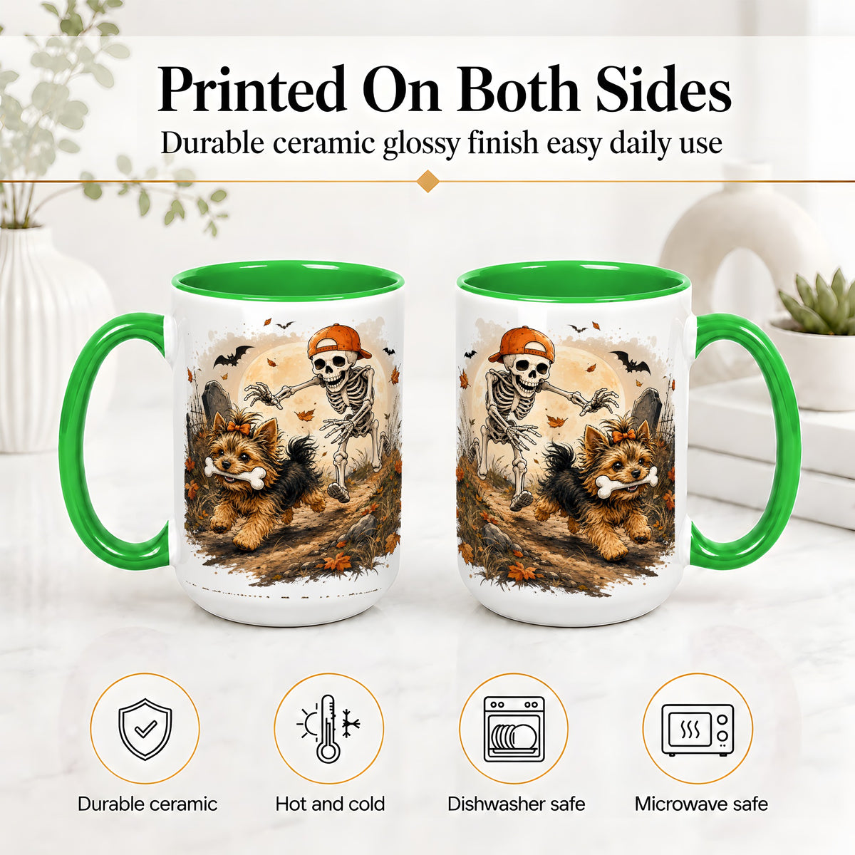 #pl[15oz|Green] Graveyard Skeleton Yorkie Ceramic Mug, Halloween Art for Dog Lovers