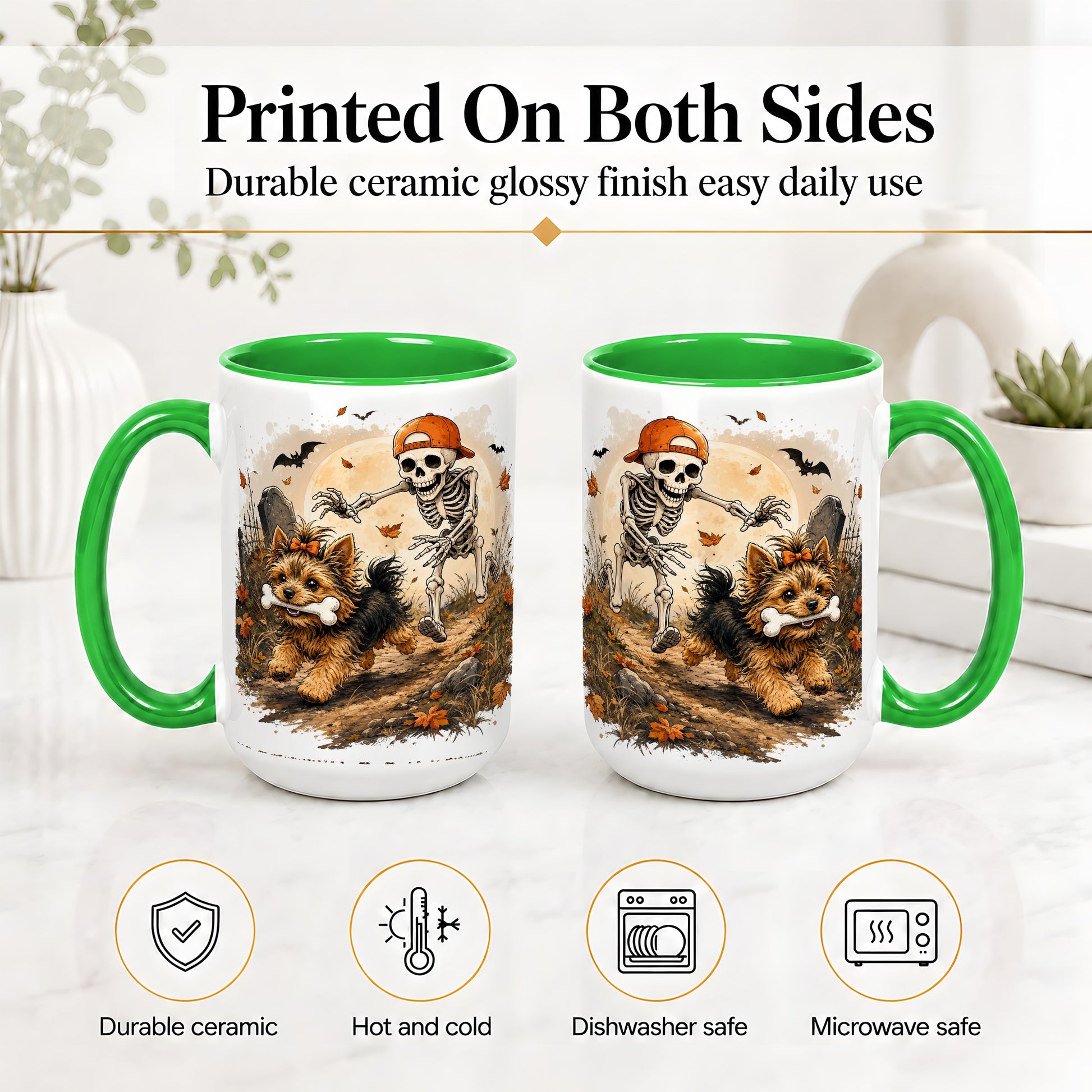 #pl[15oz|Green] Graveyard Skeleton Yorkie Ceramic Mug, Halloween Art for Dog Lovers