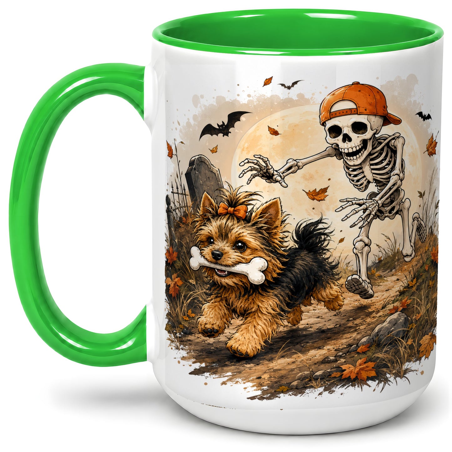 #pl[15oz|Green] Graveyard Skeleton Yorkie Ceramic Mug, Halloween Art for Dog Lovers