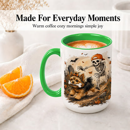#pl[15oz|Green] Graveyard Skeleton Yorkie Ceramic Mug, Halloween Art for Dog Lovers