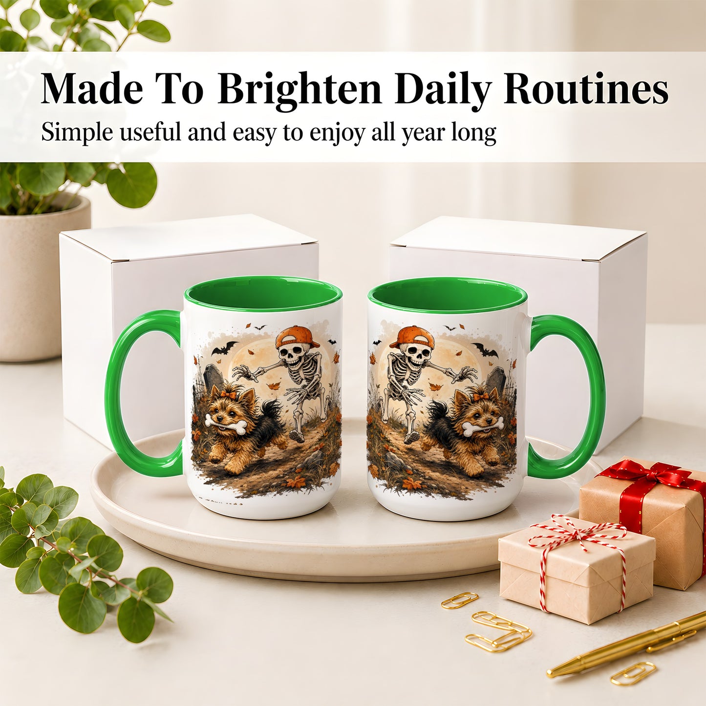 #pl[15oz|Green] Graveyard Skeleton Yorkie Ceramic Mug, Halloween Art for Dog Lovers