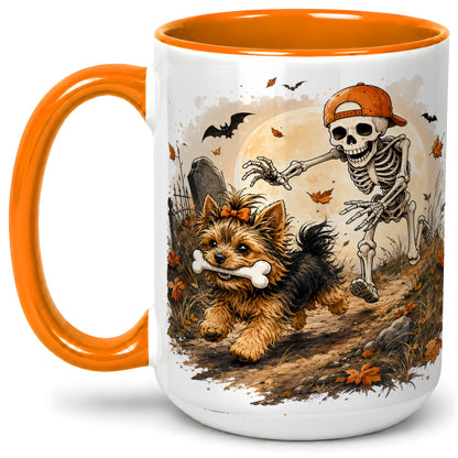 #pl[15oz|Orange] Graveyard Skeleton Yorkie Ceramic Mug, Halloween Art for Dog Lovers