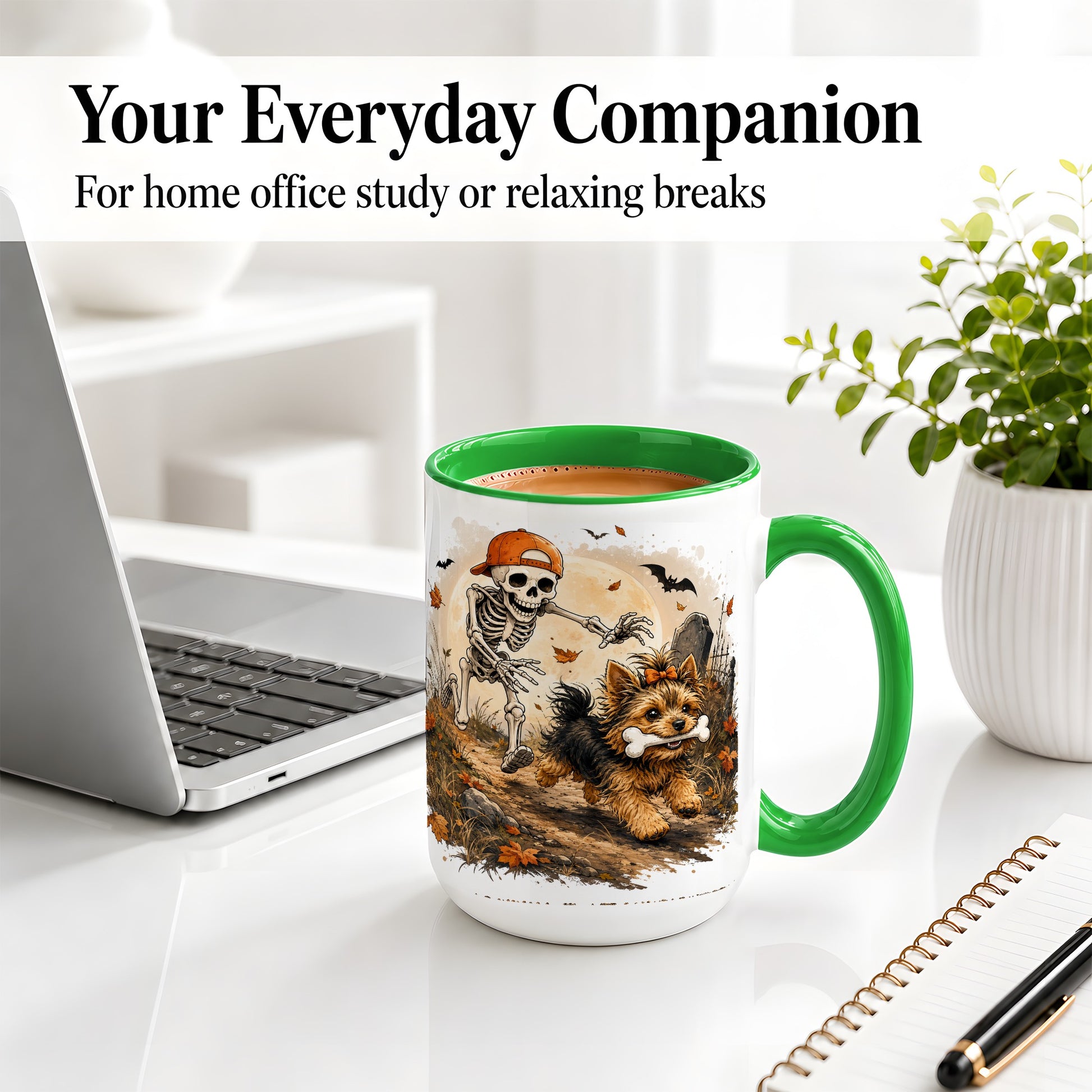#pl[15oz|Green] Graveyard Skeleton Yorkie Ceramic Mug, Halloween Art for Dog Lovers