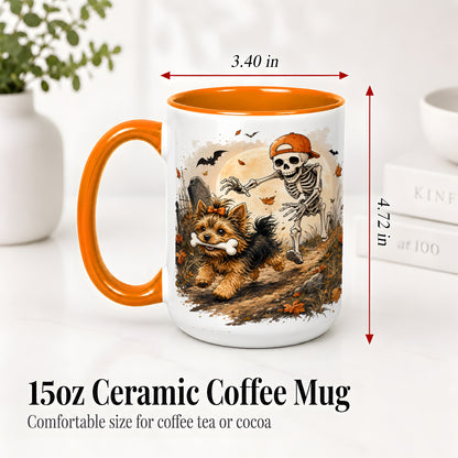 #pl[15oz|Orange] Graveyard Skeleton Yorkie Ceramic Mug, Halloween Art for Dog Lovers