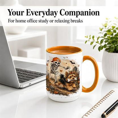 #pl[15oz|Orange] Graveyard Skeleton Yorkie Ceramic Mug, Halloween Art for Dog Lovers