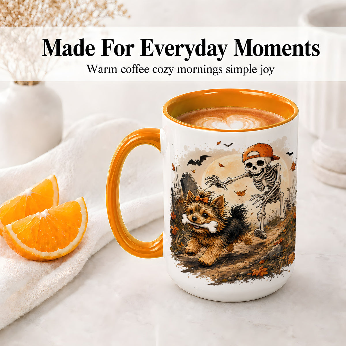 #pl[15oz|Orange] Graveyard Skeleton Yorkie Ceramic Mug, Halloween Art for Dog Lovers