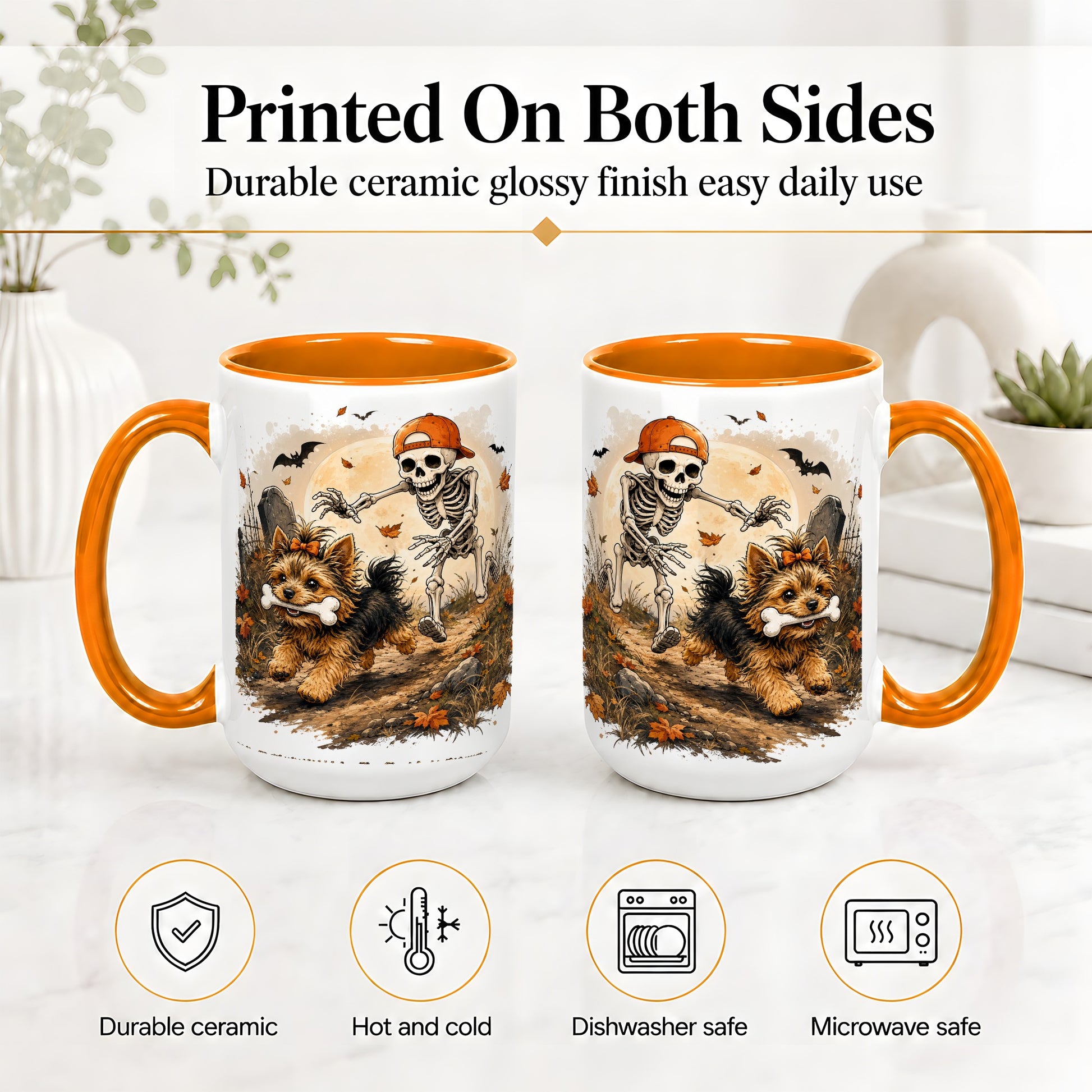 #pl[15oz|Orange] Graveyard Skeleton Yorkie Ceramic Mug, Halloween Art for Dog Lovers